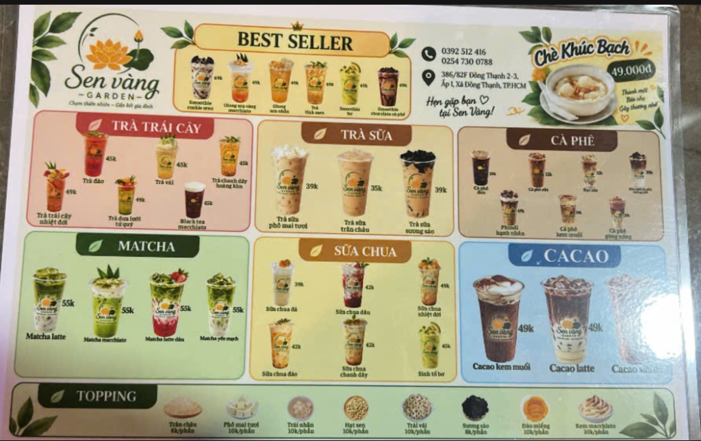 Menu Món Nước & Bảng Giá Tại Sen Vàng Garden Hóc Môn | Ô Long Sen Vàng, Cafe Suối Cá Koi & Trà Trái Cây