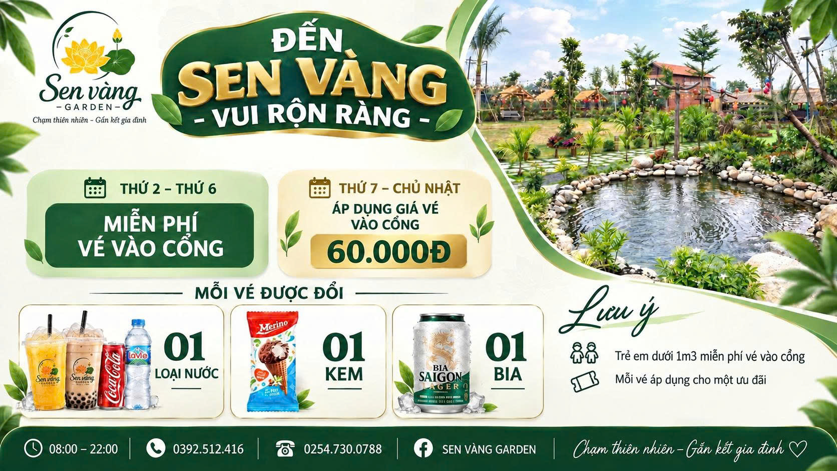 [HOT] Miễn Phí Vé Vào Cổng Sen Vàng Garden (Thứ 2 - Thứ 6) & Vé Cuối Tuần 60k Đổi Nước Thả Ga!